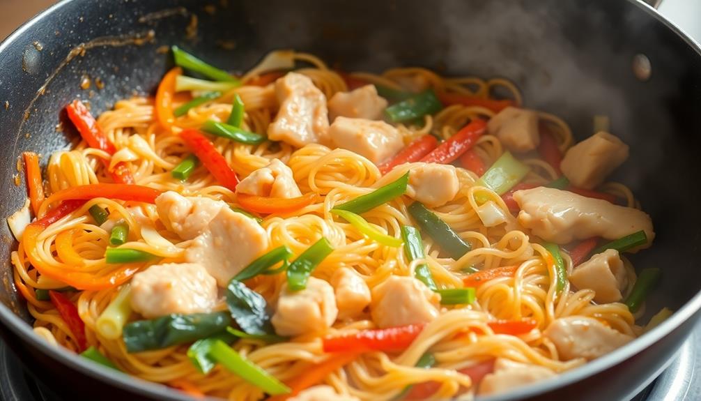 combine noodles with chicken