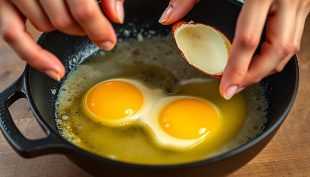 crack eggs onto potatoes