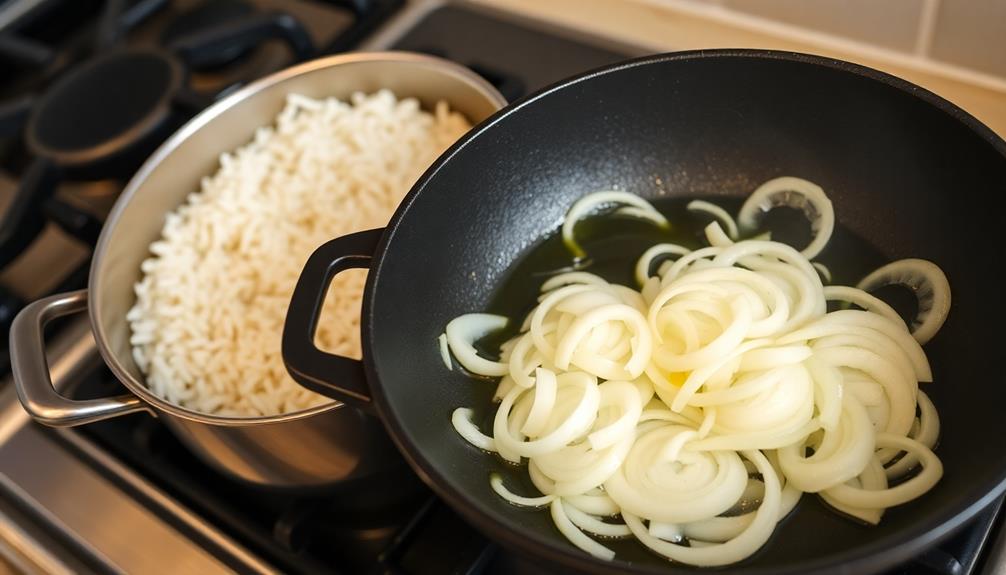 drain rice saut onions