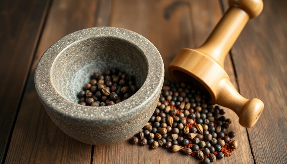 grind peppercorns using mortar