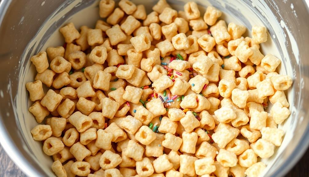 pouring cereal mixture carefully