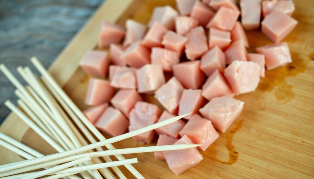 skewer chicken onto sticks