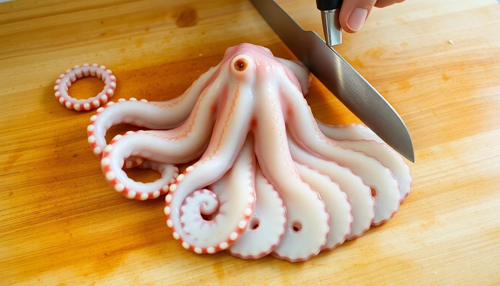 slicing octopus into pieces