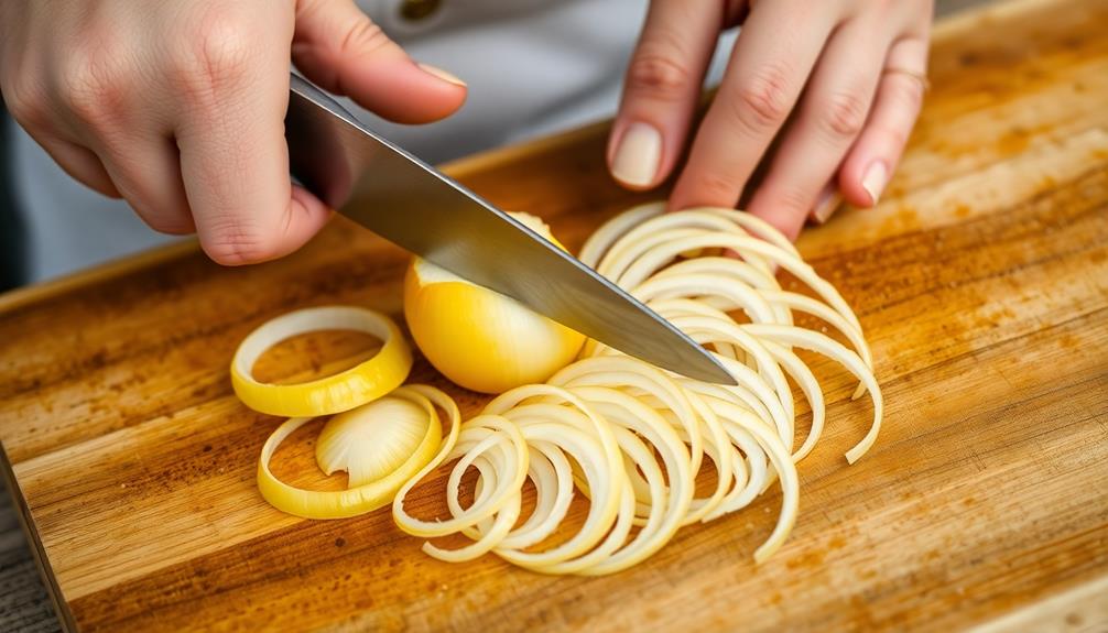 thinly slice onions evenly