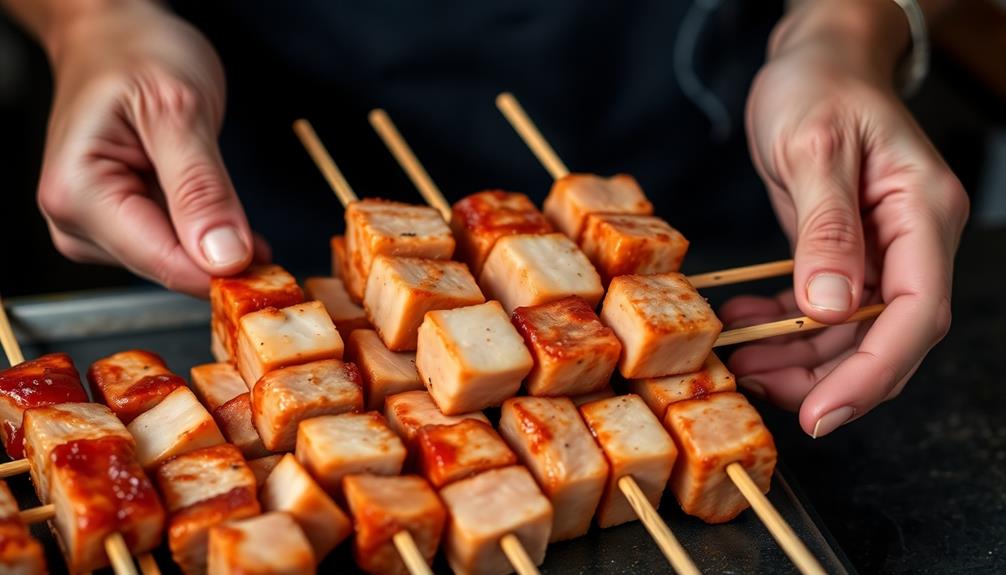thread pork onto skewers
