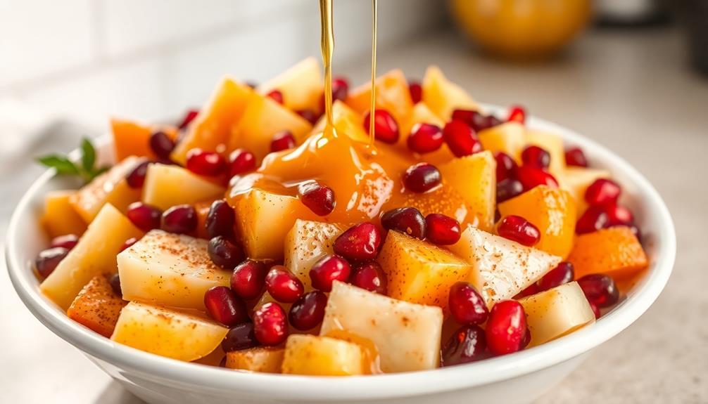 toss fruit with dressing