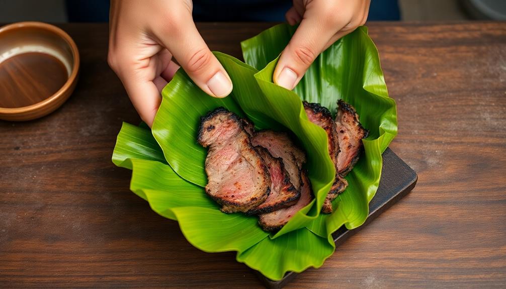 wrap leaves around beef
